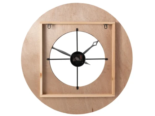 Klok Slosir Naturel wandklok van hout, rond ontwerp met zwarte wijzers en open achterkant