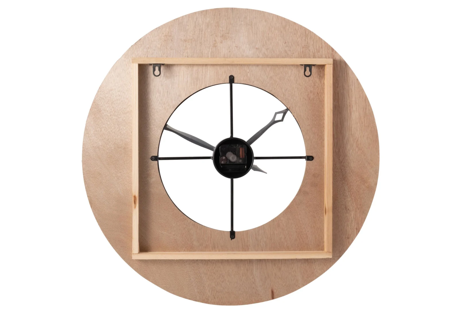 Klok Slosir Naturel wandklok van hout, rond ontwerp met zwarte wijzers en open achterkant