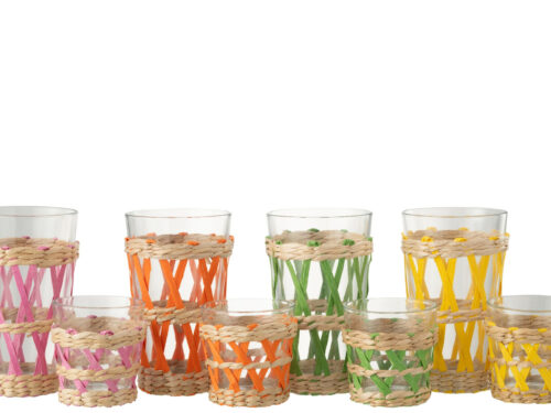 Vaanno drinkglas set van 4, meerkleurige glazen met gevlochten grasvezel in roze, oranje, groen en geel