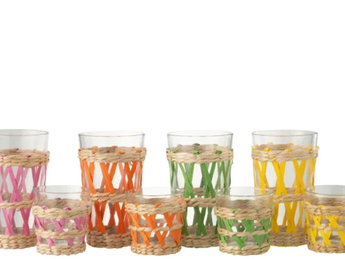 Vaanno drinkglas set van 4, meerkleurige glazen met gevlochten grasvezel in roze, oranje, groen en geel