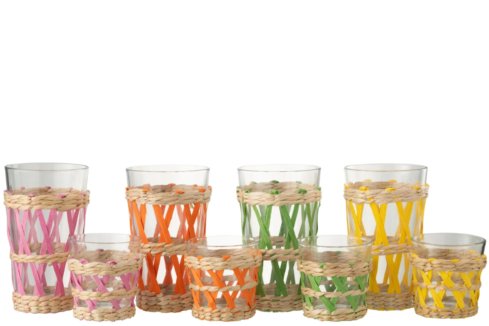Vaanno drinkglas set van 4, meerkleurige glazen met gevlochten grasvezel in roze, oranje, groen en geel