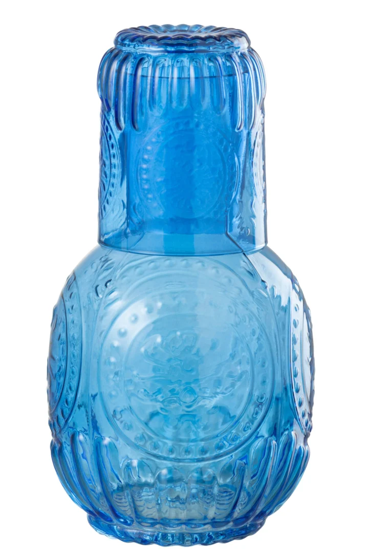 Karaf Prensin glas blauw, 100% glas met geribbelde vorm voor stijlvol serveren van water of drank