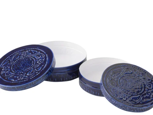 Jierdas blauwe metalen opbergdozen set van 2 met decoratief reliëf, rond en compact voor kleine spullen