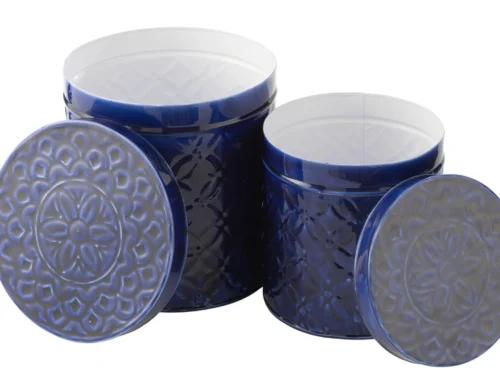 Opbergdoos Hive Metaal Blauw set van 2 met reliëf deksels voor stijlvolle opbergruimte