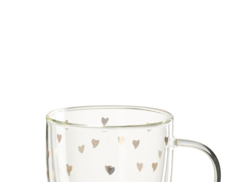 Transparante glazen Mok Ceistol met hartjes en elegant oor, stijlvol koffieservies met gouden accenten