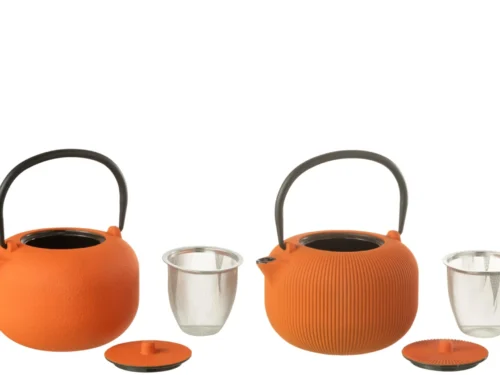 Oranje Brerdonte gietijzeren theepot met roestvrijstalen zeef en zwarte hengsel, compact en stijlvol
