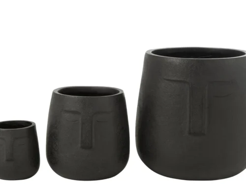 Set van 3 zwarte Kloordane bloempotten van vezelklei met gezichtsmotief, in klein, middel en groot formaat