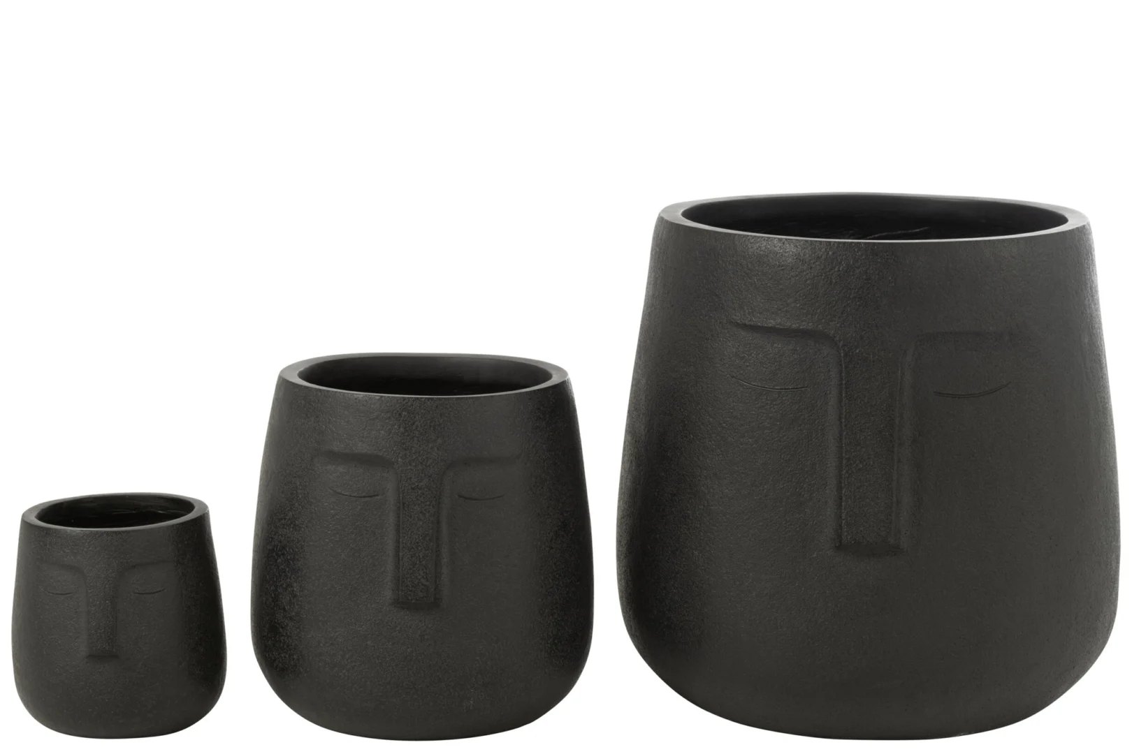 Set van 3 zwarte Kloordane bloempotten van vezelklei met gezichtsmotief, in klein, middel en groot formaat