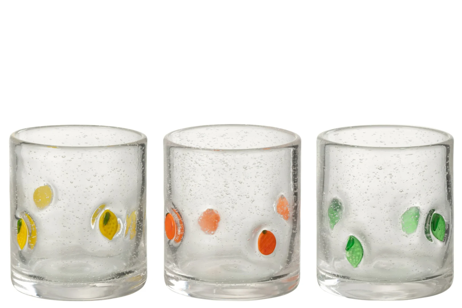 Feibona transparante drinkglazen set van 3 met citrusmotief in geel, oranje en groen, compact en speels