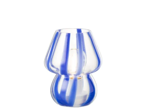 Tafellamp Geenta van transparant gestreept glas in blauw, compact en decoratief met speelse vorm