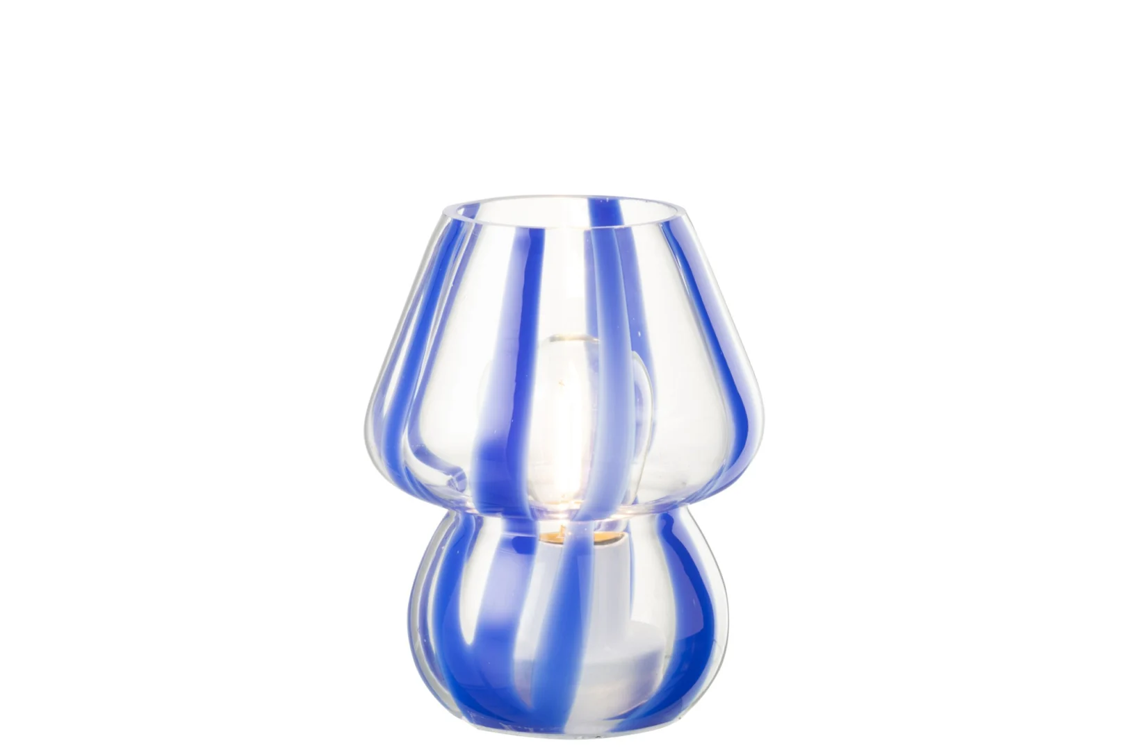 Tafellamp Geenta van transparant gestreept glas in blauw, compact en decoratief met speelse vorm