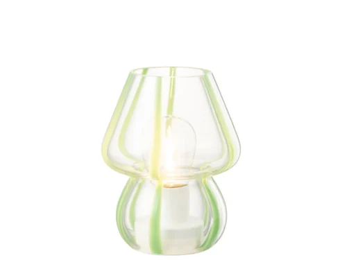 Tafellamp Nirnes van groen glas met gestreept design en compact formaat, sfeervol voor bijzettafel of vensterbank
