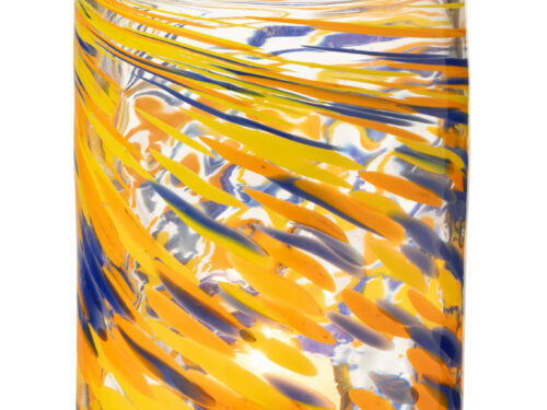 Vaas Dolio glas meerkleurig met geel, oranje en blauw, slanke cilindervorm, H25,5 cm