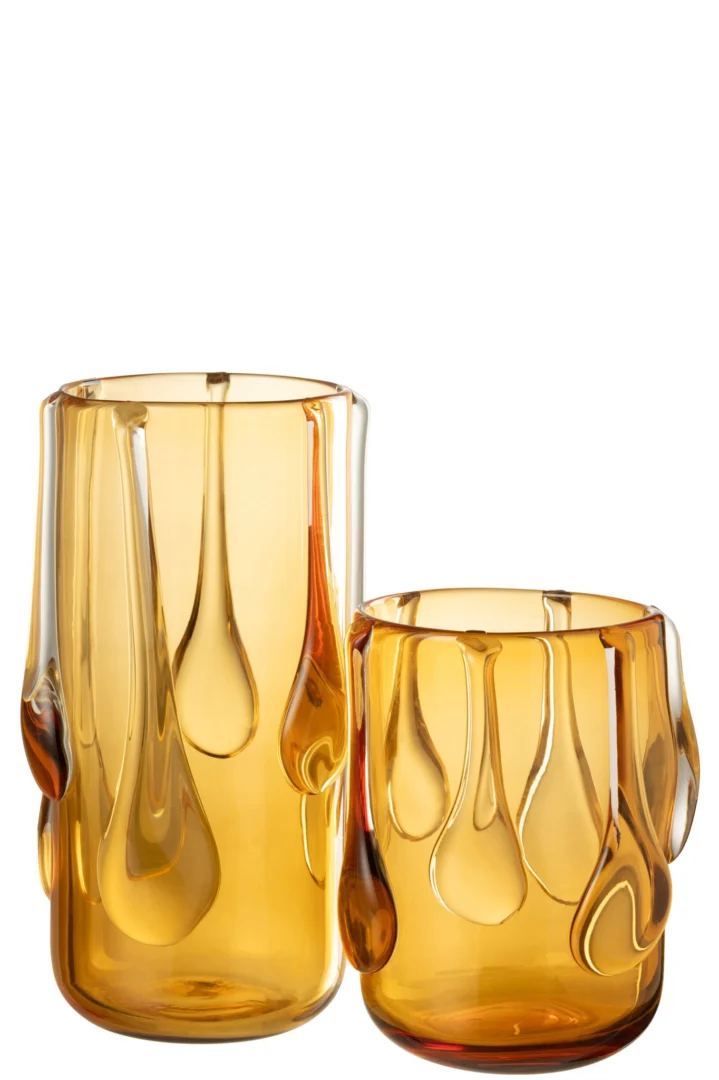 Vaas Looldella glas geel met drippy vorm, decoratief en groot formaat, 33 cm hoog
