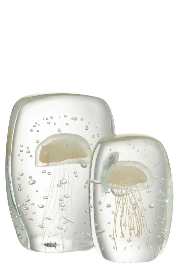 Presse-papier Lidek Glas Beige met twee kwallen, helder glas en zachte beige tinten