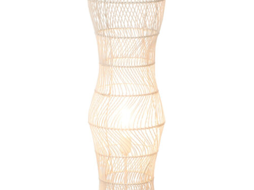 Vloerlamp Skiemmone wit met rotan accenten en houten voet, hoge slanke staande lamp met snoerschakelaar