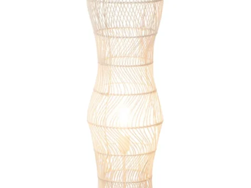 Vloerlamp Skiemmone wit met rotan accenten en houten voet, hoge slanke staande lamp met snoerschakelaar