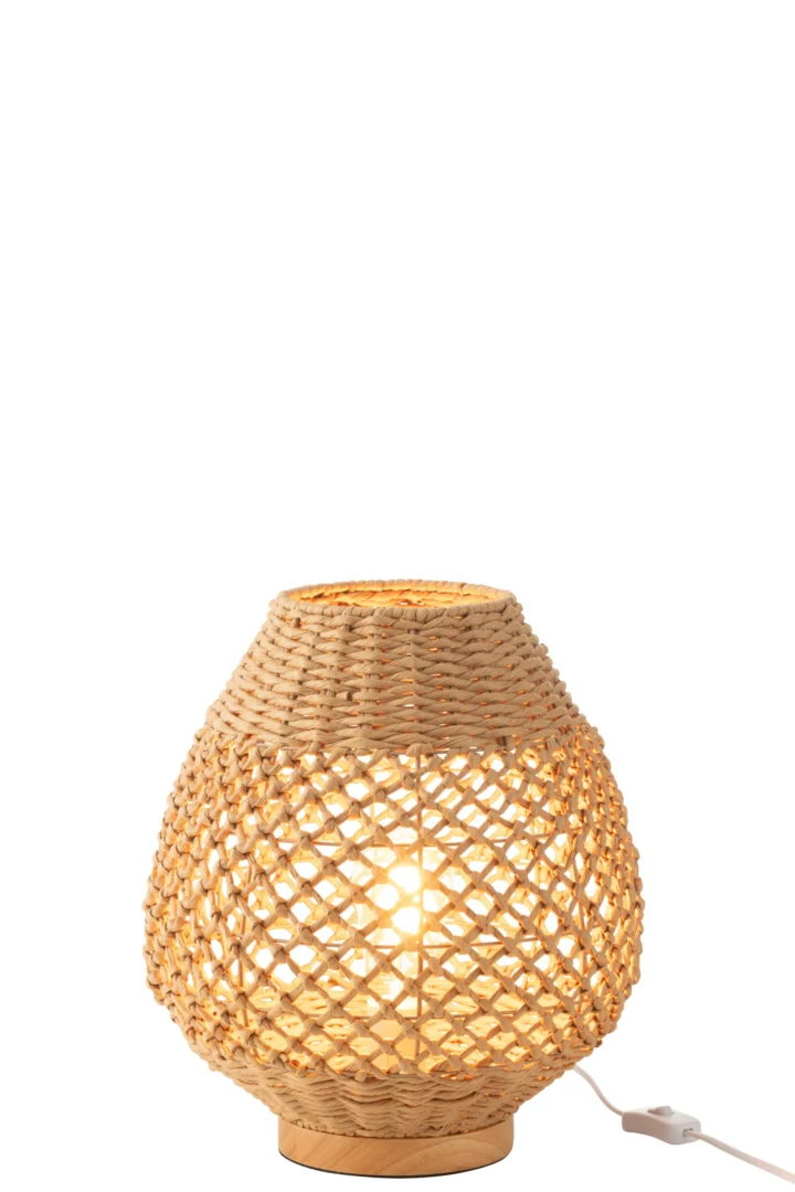 Tafellamp Trurmor Naturel H35,5 cm met gevlochten kap, rubberhouten voet en warme lichtuitstraling