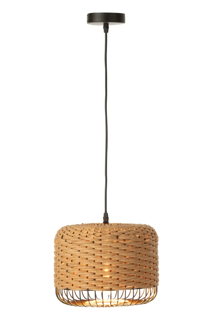 Plafondlamp Klesund Naturel met gevlochten papier en metalen frame, compacte elegante uitstraling