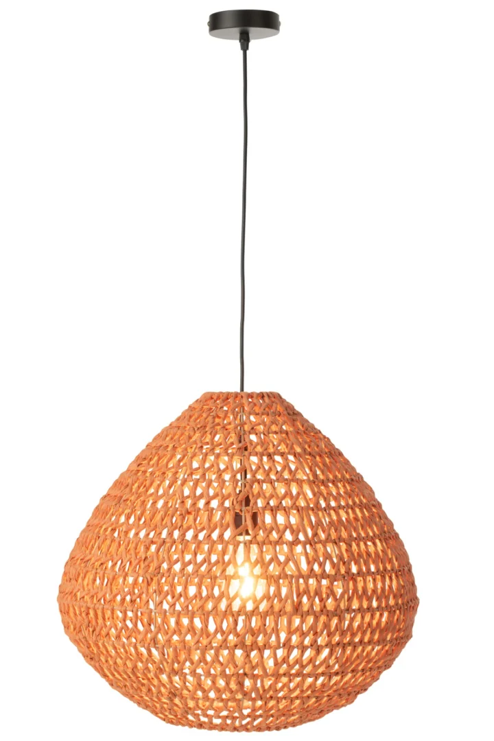 Plafondlamp Reellang Oranje met gevlochten kap en warme lichtsfeer, zwart snoer en ronde vorm