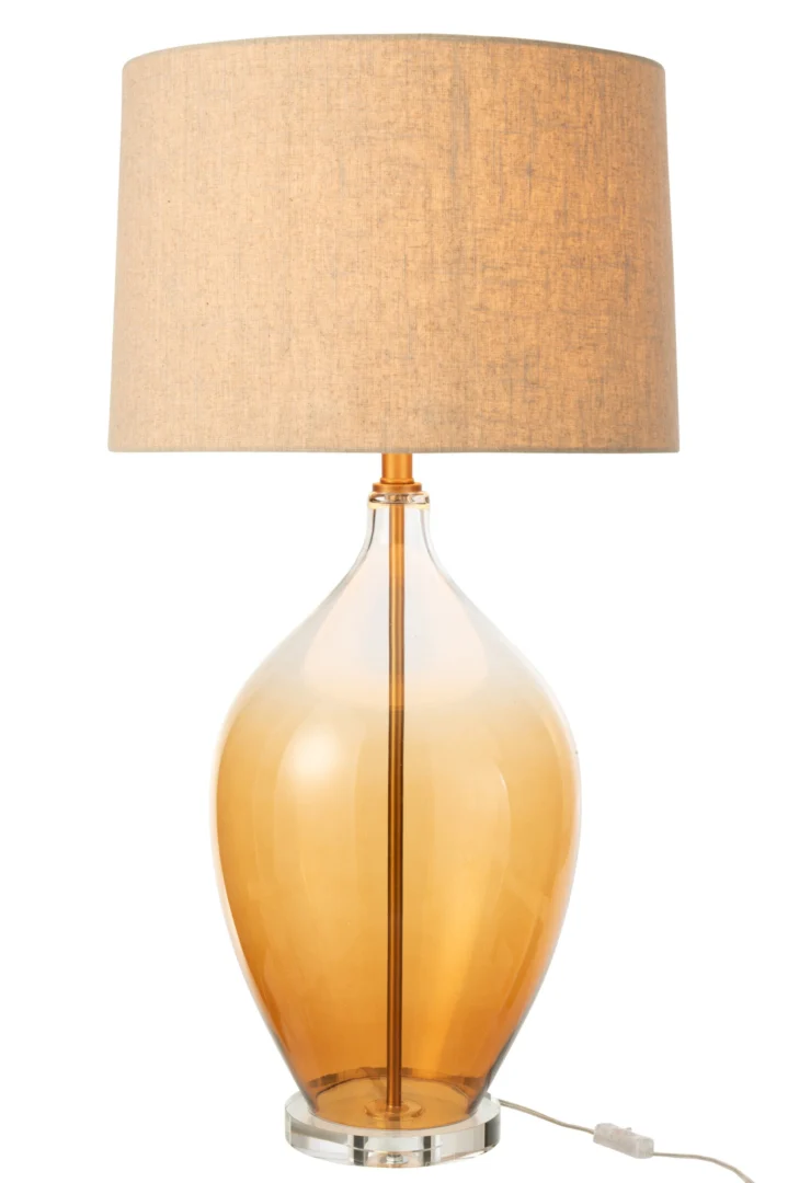 Tafellamp Pummer glas H85 cm met bruin glas, linnen kap en kristalaccenten