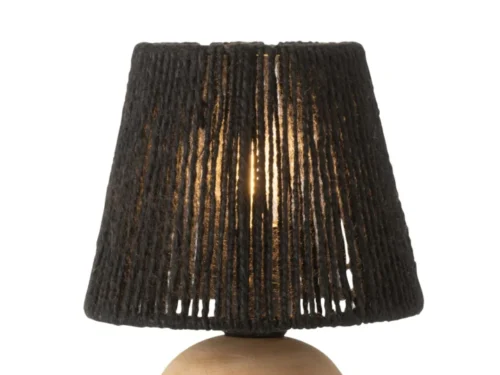 Tafellamp Standone met houten voet en zwarte draadkap, compact en warm verlicht