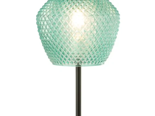 Tafellamp Grudano Groen H60 cm met geribbelde glazen kap, zwarte metalen voet en snoer met schakelaar