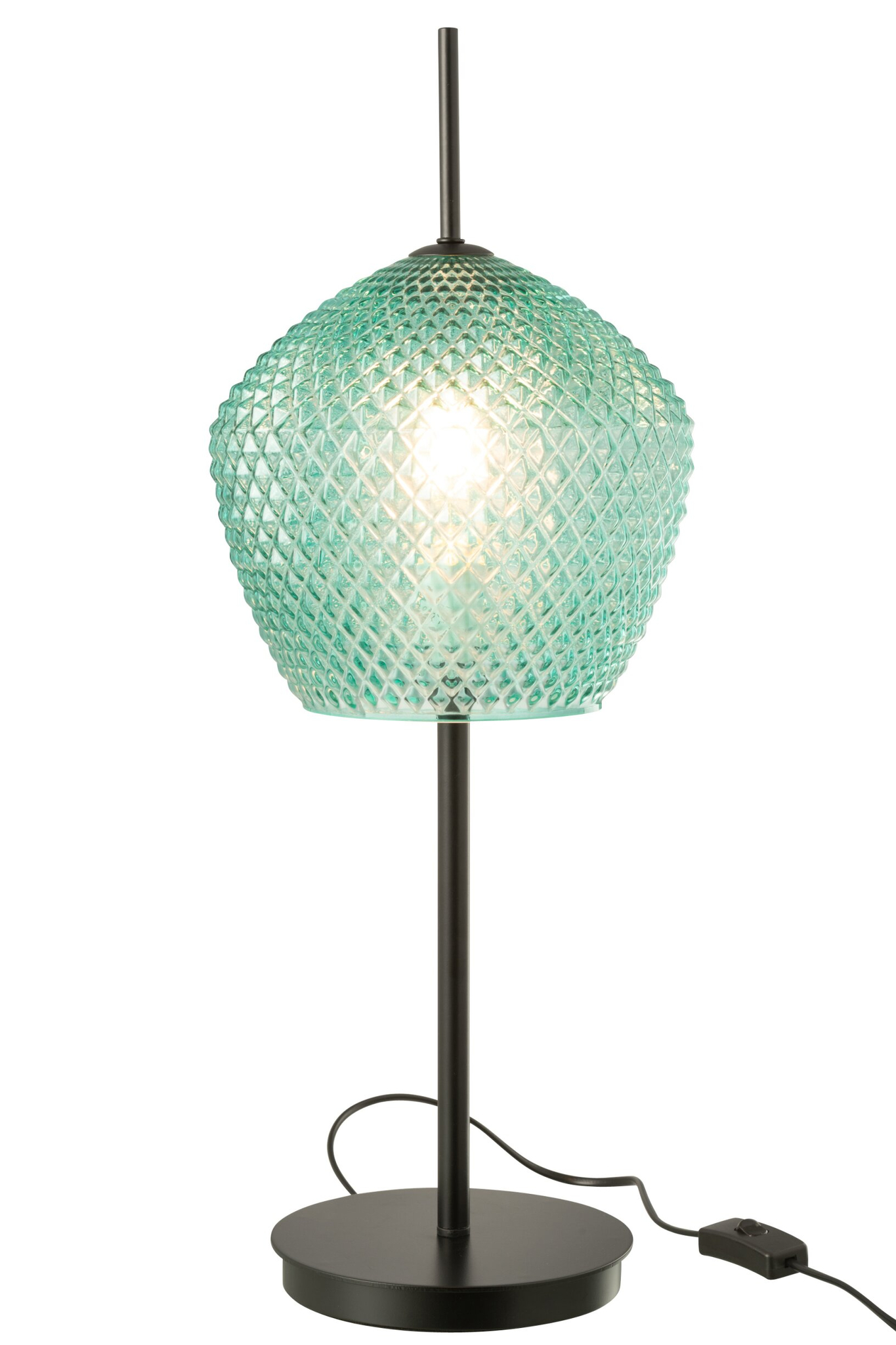 Tafellamp Grudano Groen H60 cm met geribbelde glazen kap, zwarte metalen voet en snoer met schakelaar