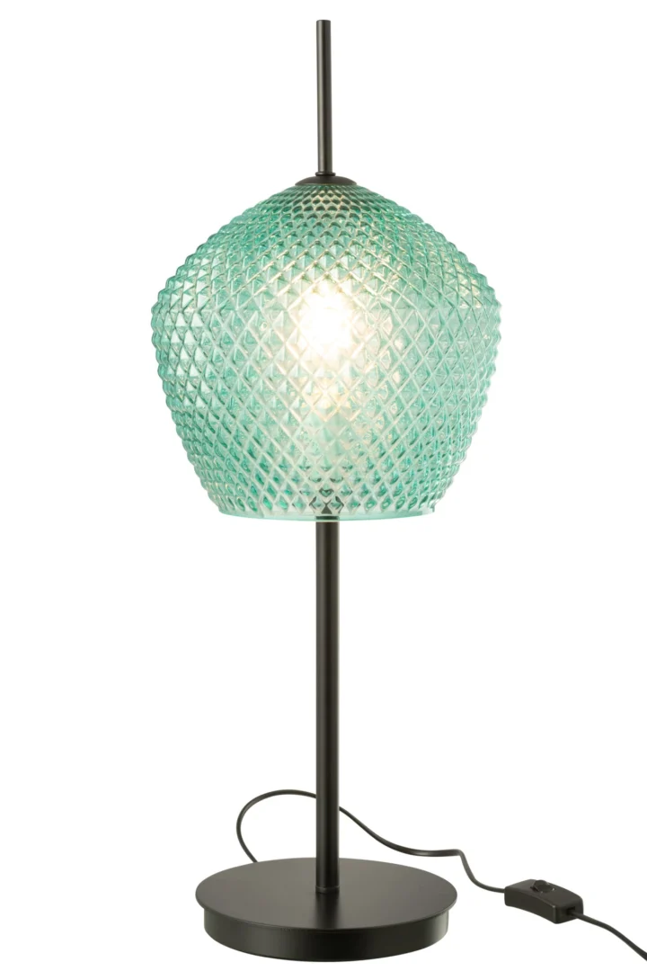 Tafellamp Grudano Groen H60 cm met geribbelde glazen kap, zwarte metalen voet en snoer met schakelaar