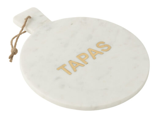 Kaasplank Preensine marmer 38 cm, rond wit met goudkleurig TAPAS-opdruk en touwlus