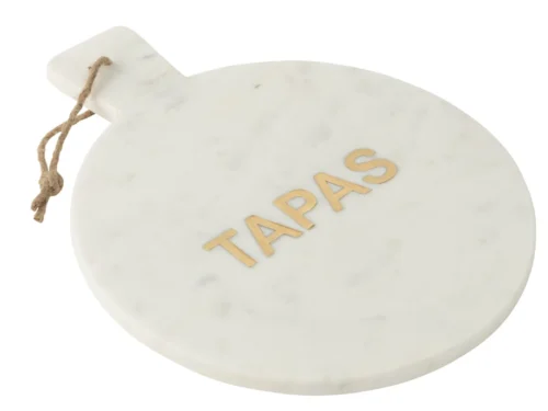 Kaasplank Preensine marmer 38 cm, rond wit met goudkleurig TAPAS-opdruk en touwlus