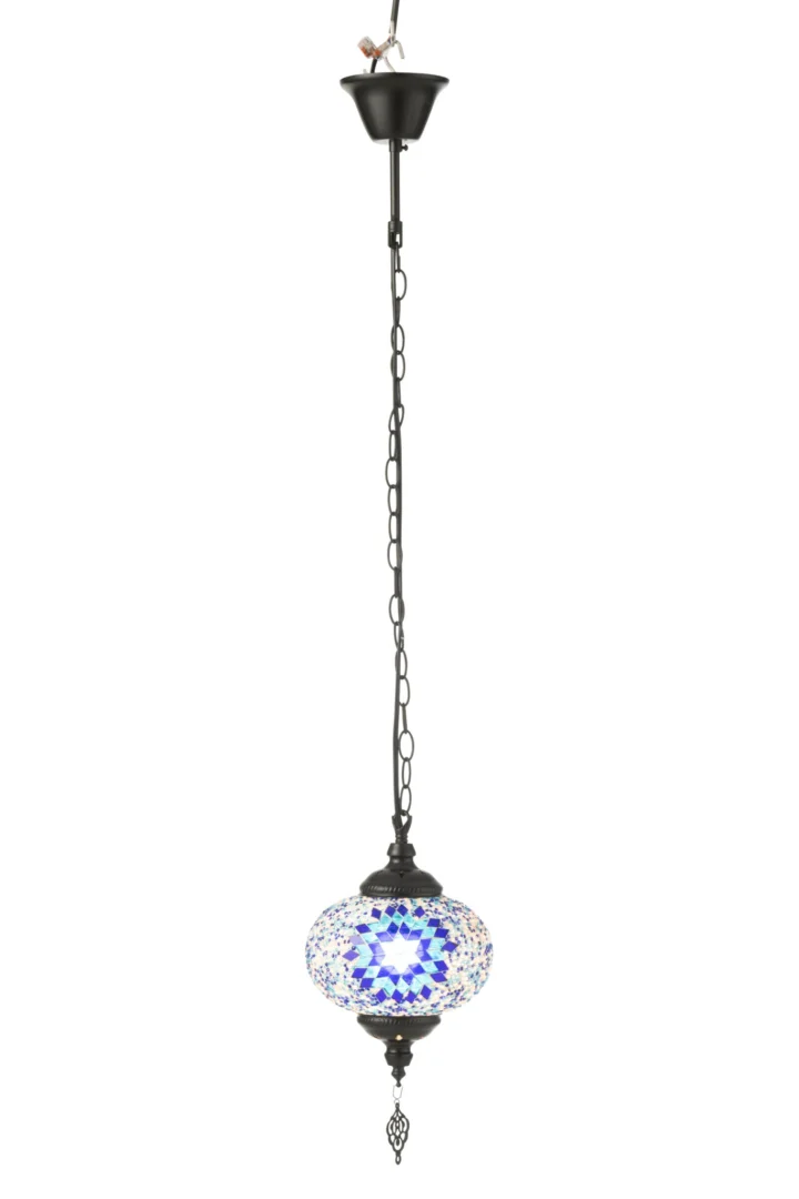 Hanglamp Troose Glas met blauw mozaïekglas en zwart metaal, slanke ketting en elegante vorm