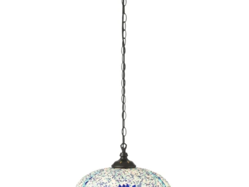 Hanglamp Beennos Glas met blauw mozaïekglas, metalen ketting en sierlijke afwerking