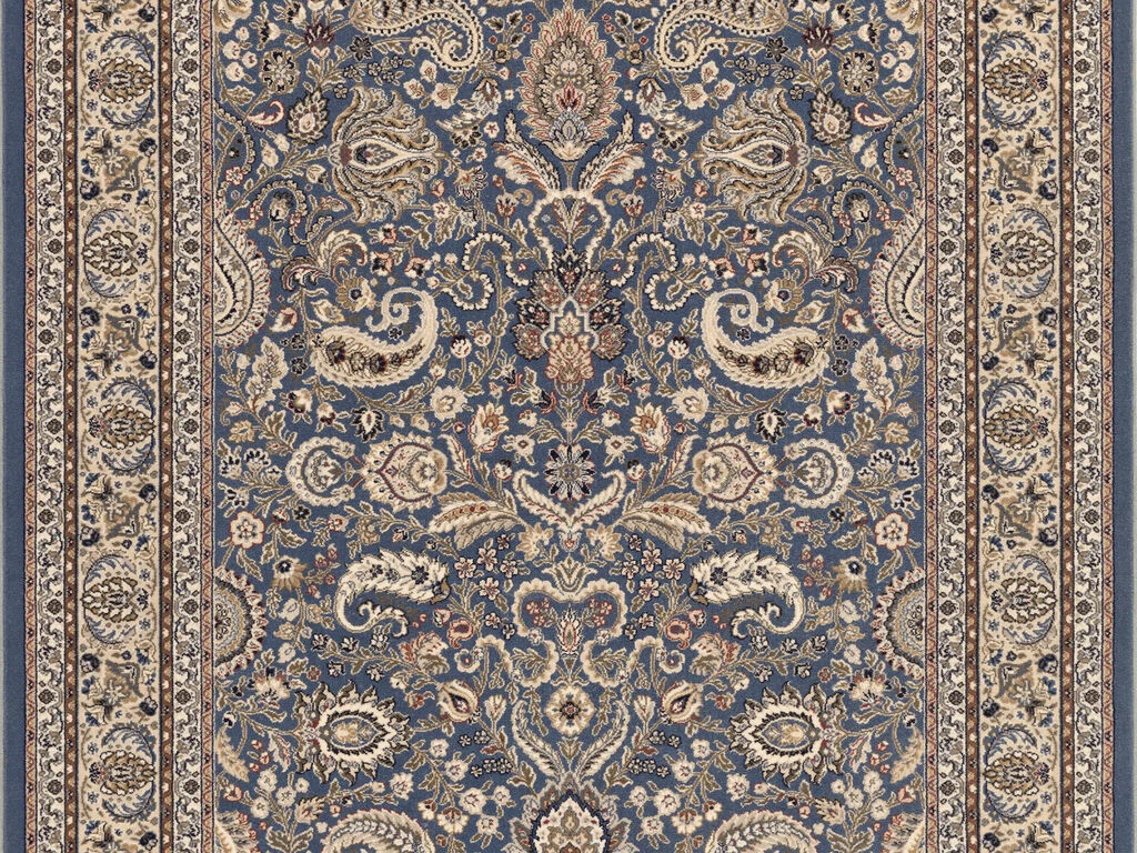 Vloerkleed Skaurren 230x160 cm in blauw, 100% wol, met rijk klassiek patroon en zachte 10 mm pool