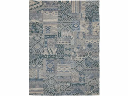 Vloerkleed Stillak 350x250 cm, vlakgeweven wol, abstract patchwork patroon in rustige blauwgrijze tinten