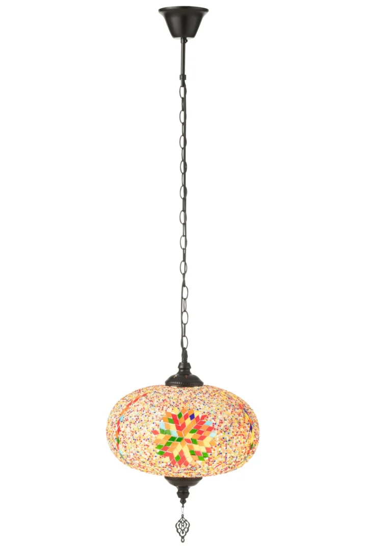 Hanglamp Feinnan Glas met oranje mozaïekglas, zwart metaal en sierlijke kettingophanging