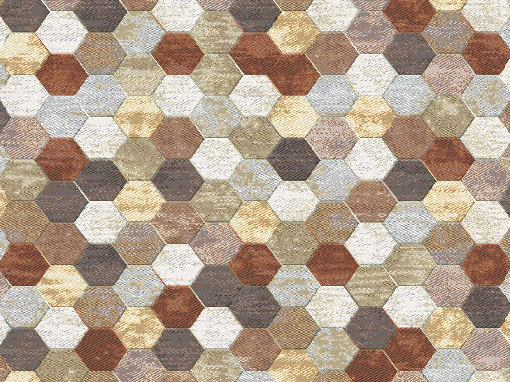 Vloerkleed Holir 230x160 cm met hexagonpatroon in warme aardetinten en lichte grijstinten