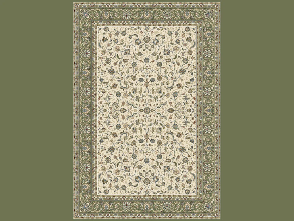Vloerkleed Skeildel 230x160 cm in groen en crème, klassiek bloemmotief met rijke rand en volle uitstraling