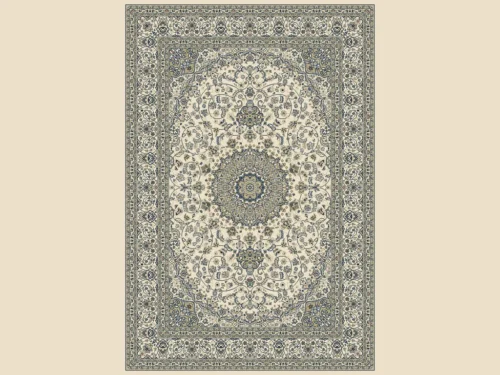 Vloerkleed Pemino 230x160 cm, klassiek beige met blauw patroon en sierlijke bloemenrand