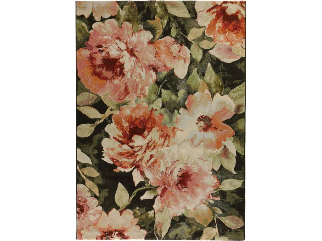 Vloerkleed Fovino 330x240 cm met botanische bloemenprint in zachte roze, groen en warme tinten