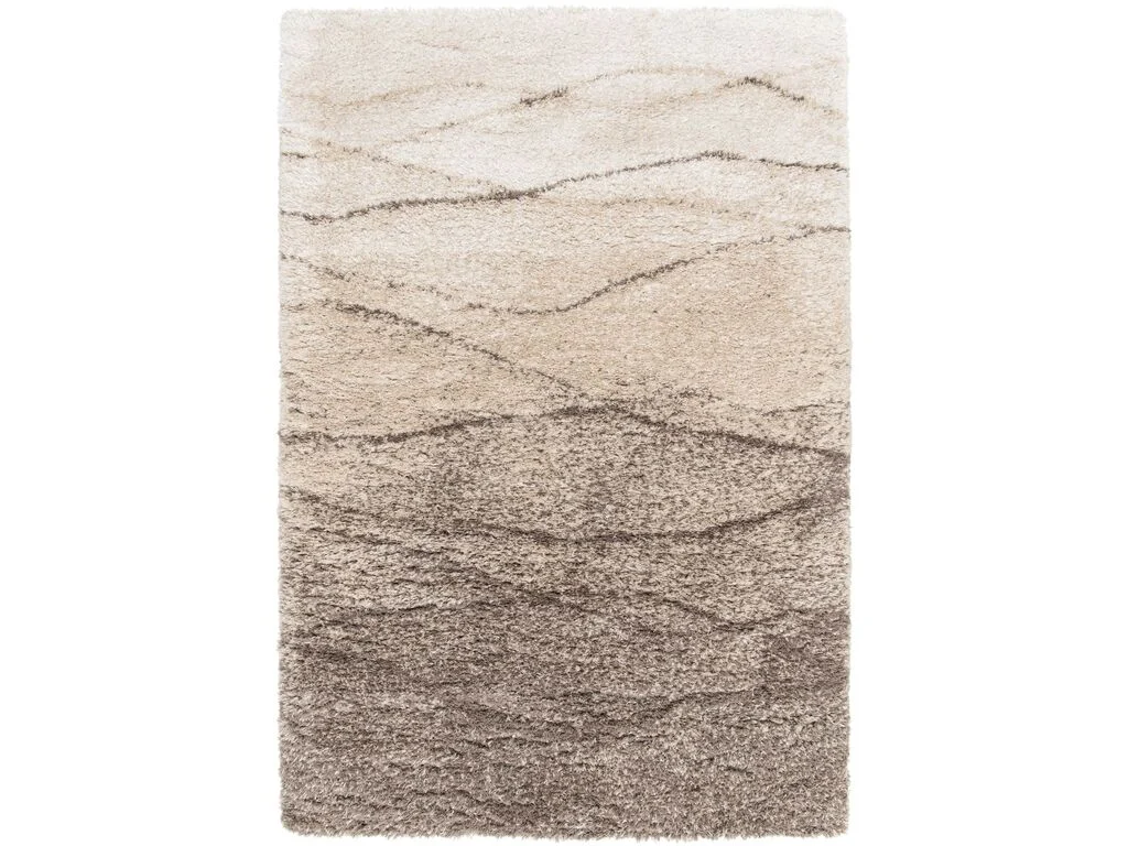 Vloerkleed Flarnum 230x160 cm, hoogpolig 50 mm in warme beige tint met zachte overgang naar bruinlijnpatroon
