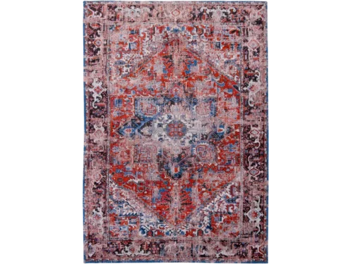 Vloerkleed Peerone 340x240 cm met vlakgeweven patroon in rood, blauw en grijs, Louis de Poortere collectie