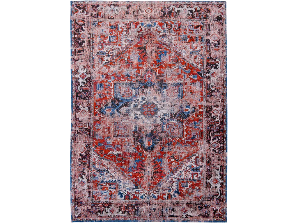 Vloerkleed Peerone 340x240 cm met vlakgeweven patroon in rood, blauw en grijs, Louis de Poortere collectie