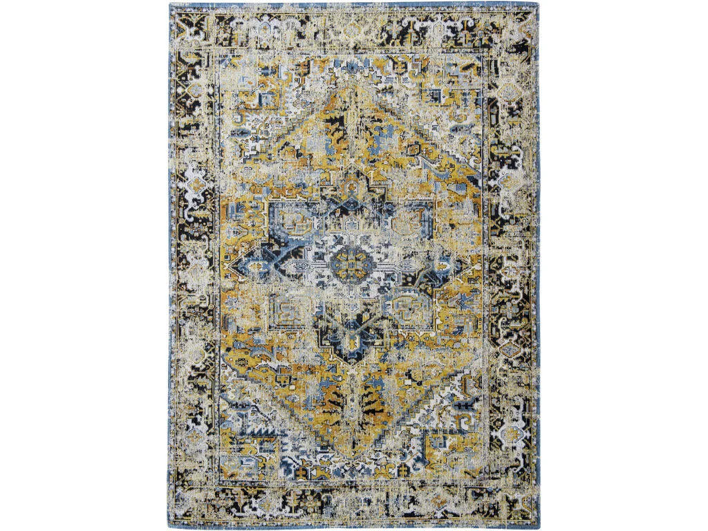 Vloerkleed Funnes 280 x 200 cm in vintage patroon met geel, blauw en grijs, vlakgeweven en eigentijds waterzetting