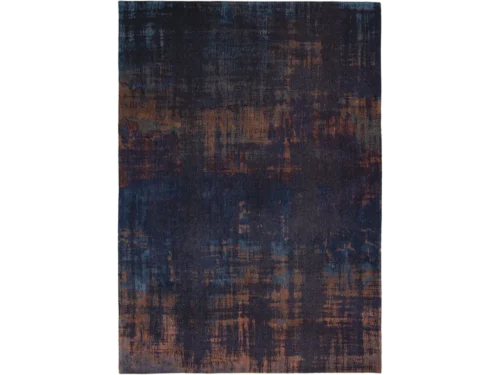 Vloerkleed Zulak 390x280 cm, vlakgeweven polyester tapijt in donkerblauw en koper voor een rustige uitstraling