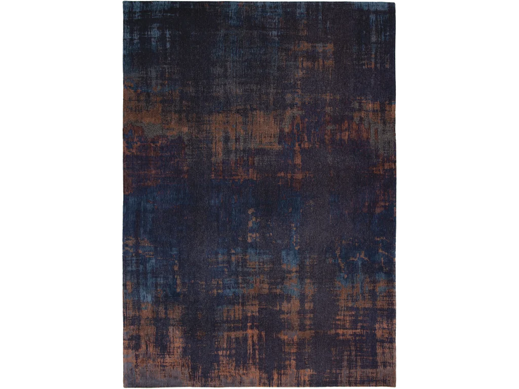 Vloerkleed Zulak 390x280 cm, vlakgeweven polyester tapijt in donkerblauw en koper voor een rustige uitstraling