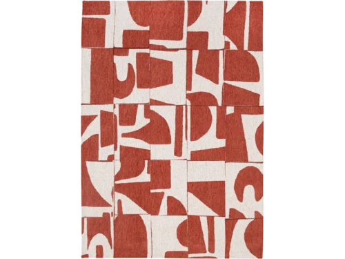 Vloerkleed Vildo 340x240 cm, vlakgeweven in terracotta en crème met abstract grafisch patroon