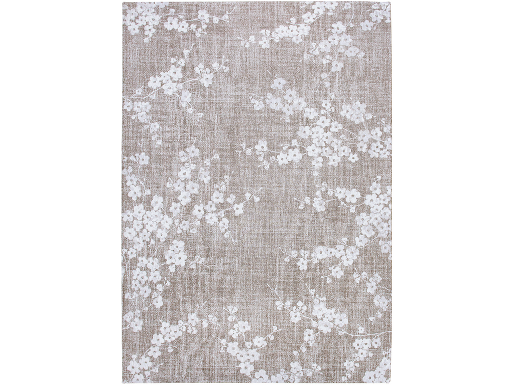 Vloerkleed Kloldak 340x240 cm in beige met wit bloemmotief, vlakgeweven polyester en rustige uitstraling