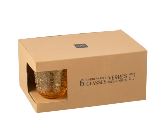 J-Line 6-delige onbreekbare glazen set in kartonnen doos met amberkleurig glas met reliëf