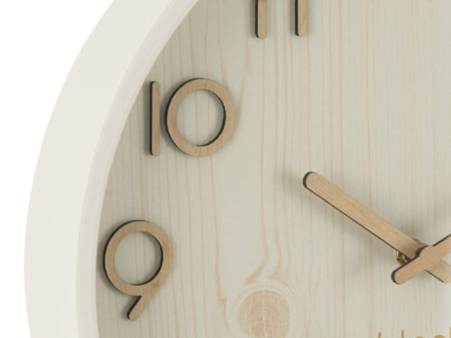 Wandklok Neilvaro Wit met houten wijzerplaat, witte rand en ronde 30 cm vorm